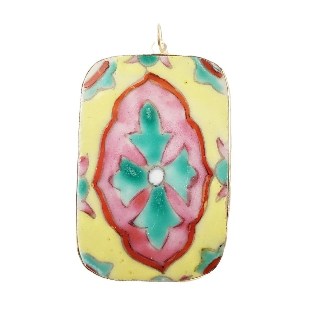 Vintage Antique Talavera Style Mexican‎ Tile Cross Pottery Shard Jewelry Pendant